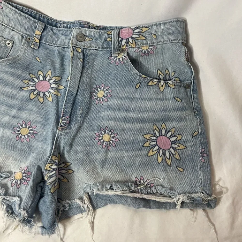 No Boundaries Juniors 13 Shorts Blue High Rise Cutoff Jeans Flower‎ Print